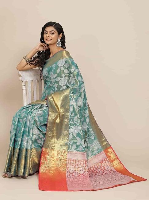 silk land teal blue silk woven saree with unstitched blouse