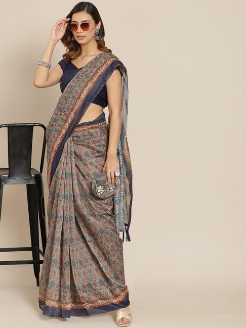 silk land teal green & brown cotton printed saree with unstitched blouse