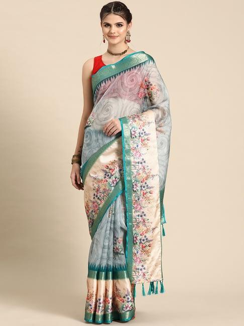 silk land teal silk floral print saree with blouse