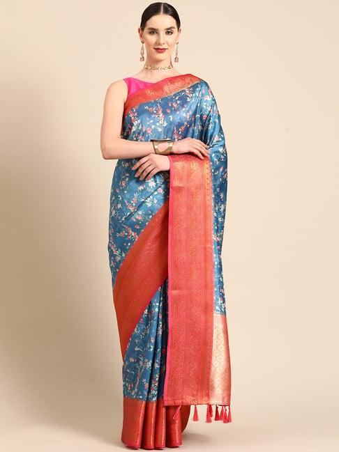 silk land teal silk floral saree with unstitched blouse