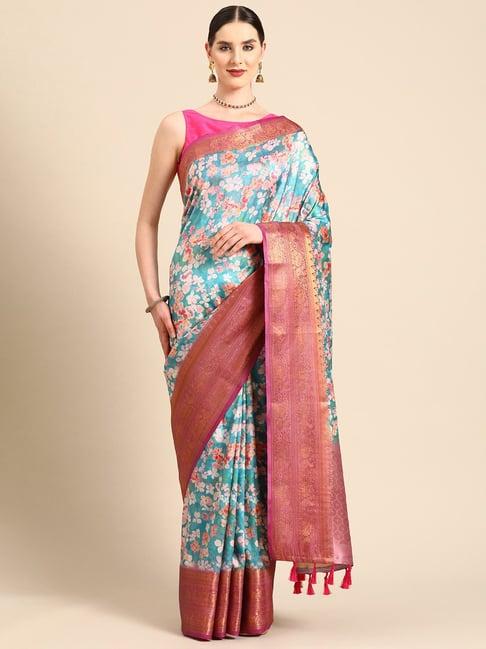 silk land teal silk floral saree with unstitched blouse