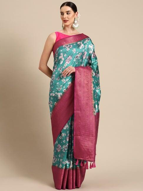 silk land teal silk floral saree with unstitched blouse