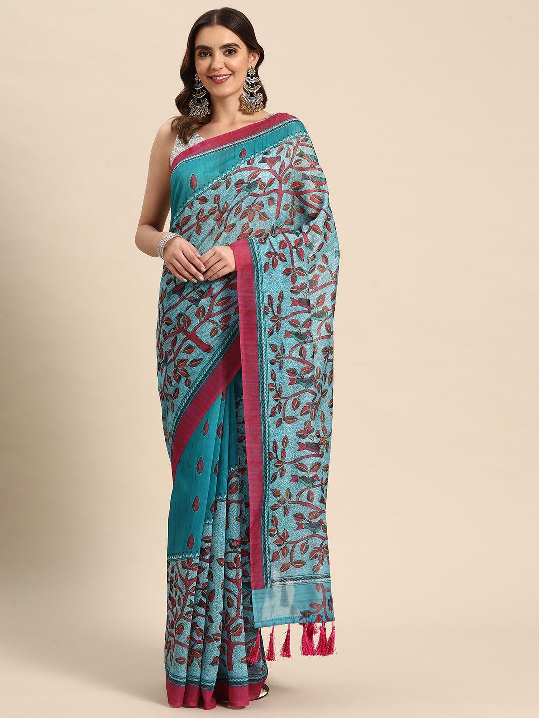 silk land turquoise blue-pink kalamkari pure cotton saree with tassels