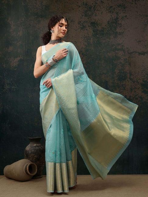 silk land turquoise embroidered saree with unstitched blouse