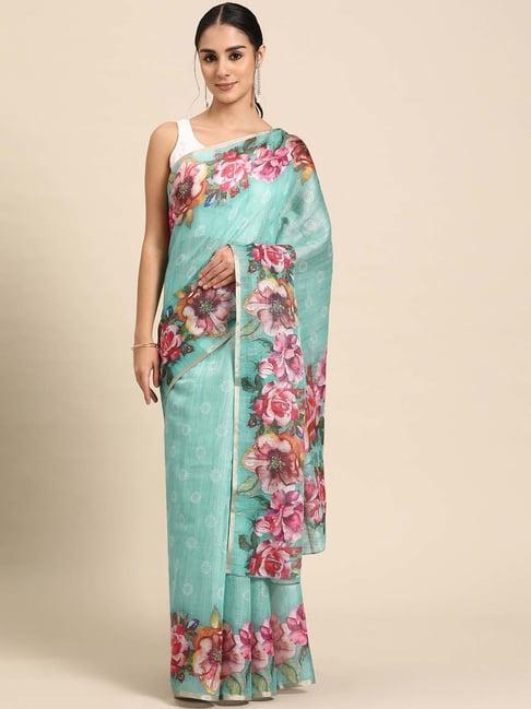 silk land turquoise floral print saree with blouse