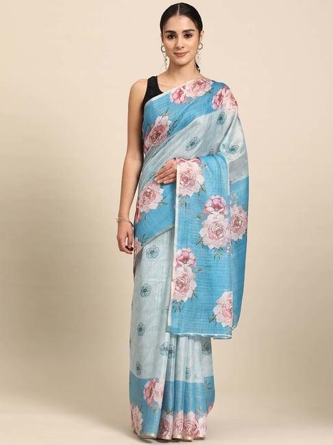 silk land turquoise floral print saree with blouse