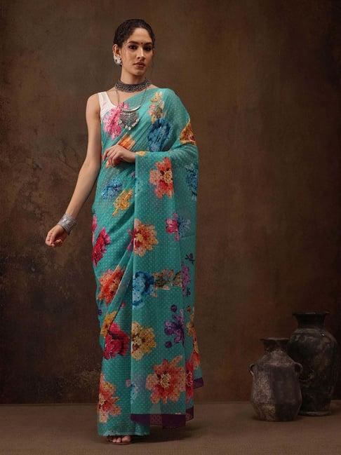 silk land turquoise printed saree with unstitched blouse