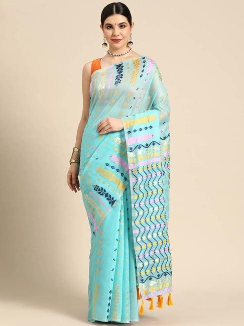 silk land turquoise pure cotton woven saree with unstitched blouse