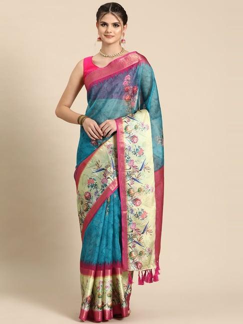 silk land turquoise silk floral print saree with blouse