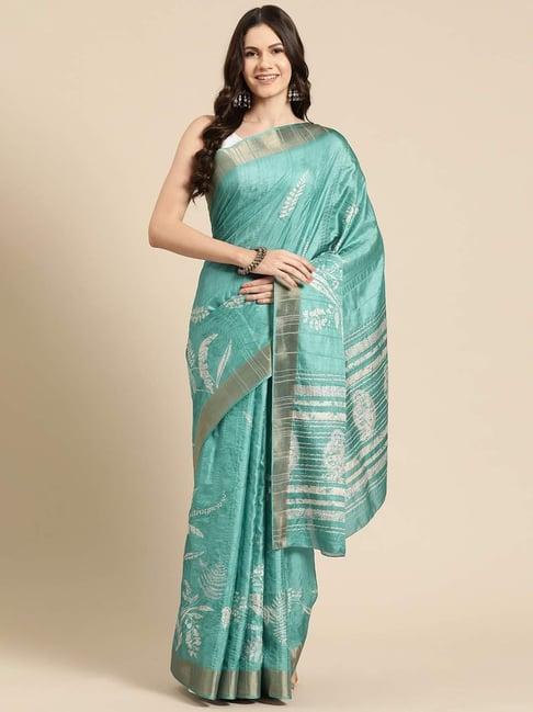 silk land turquoise silk floral print saree with unstitched blouse