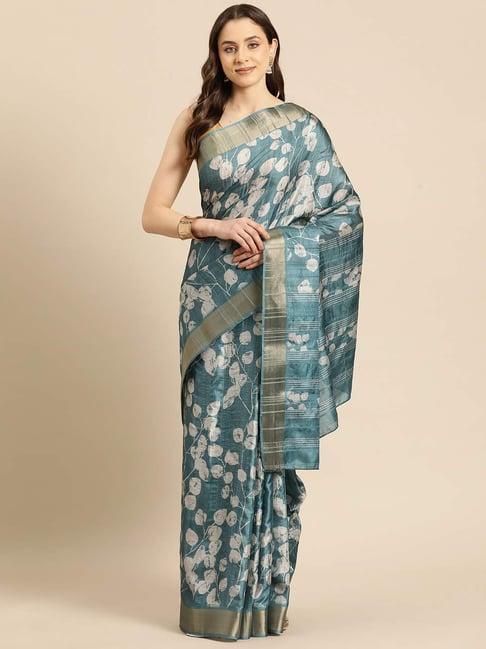 silk land turquoise silk floral print saree with unstitched blouse