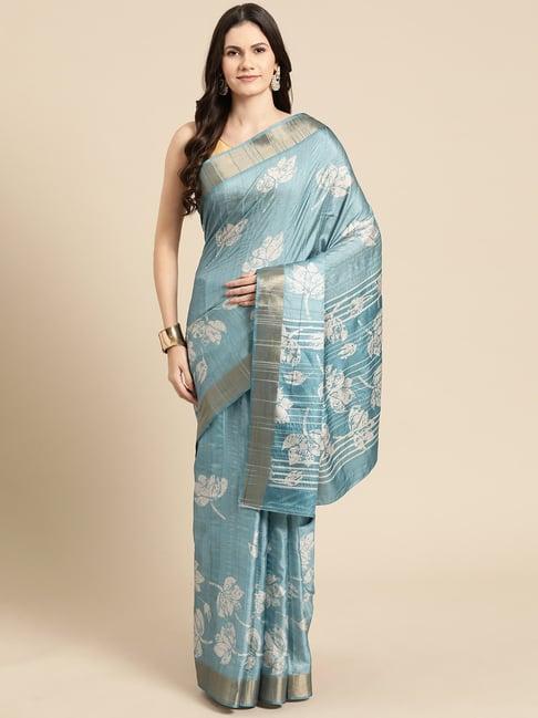 silk land turquoise silk floral print saree with unstitched blouse