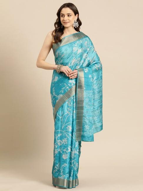 silk land turquoise silk floral print saree with unstitched blouse