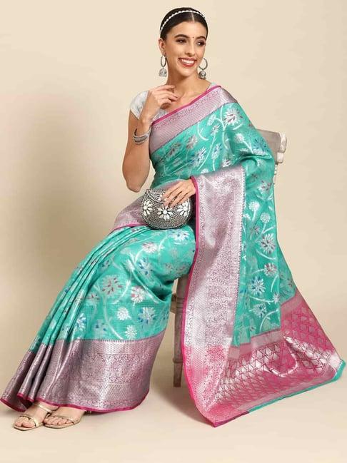 silk land turquoise silk woven saree with unstitched blouse