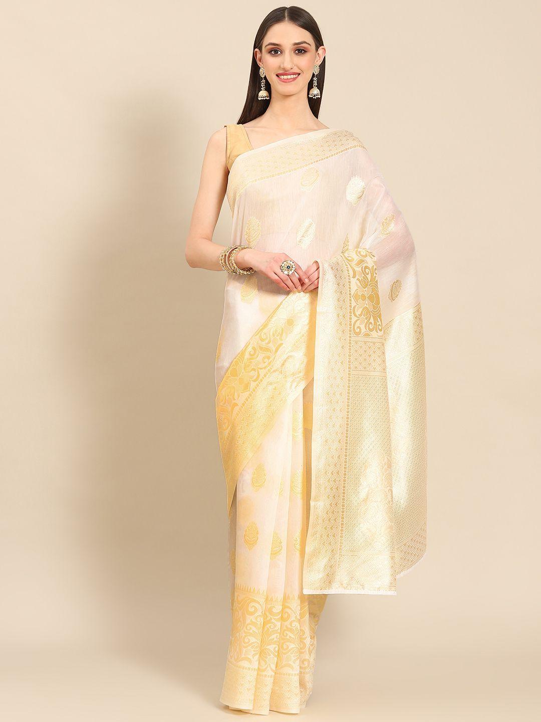 silk land white & gold-toned floral woven design zari pure cotton saree
