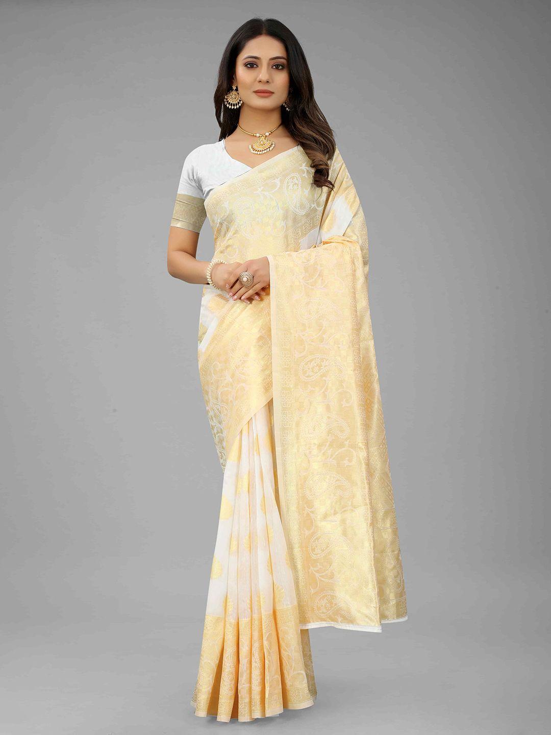 silk land white & gold-toned zari art silk fusion kanjeevaram saree