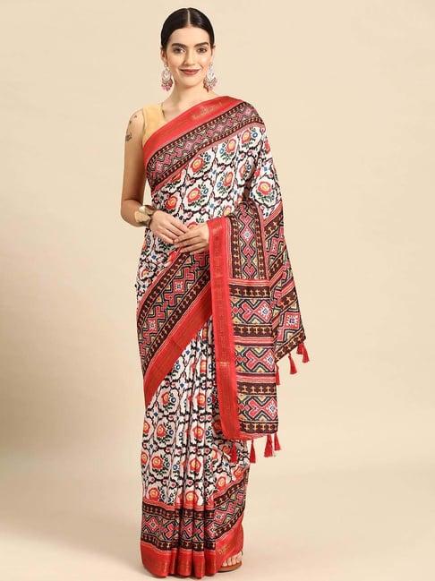 silk land white & orange silk printed saree with unstitched blouse