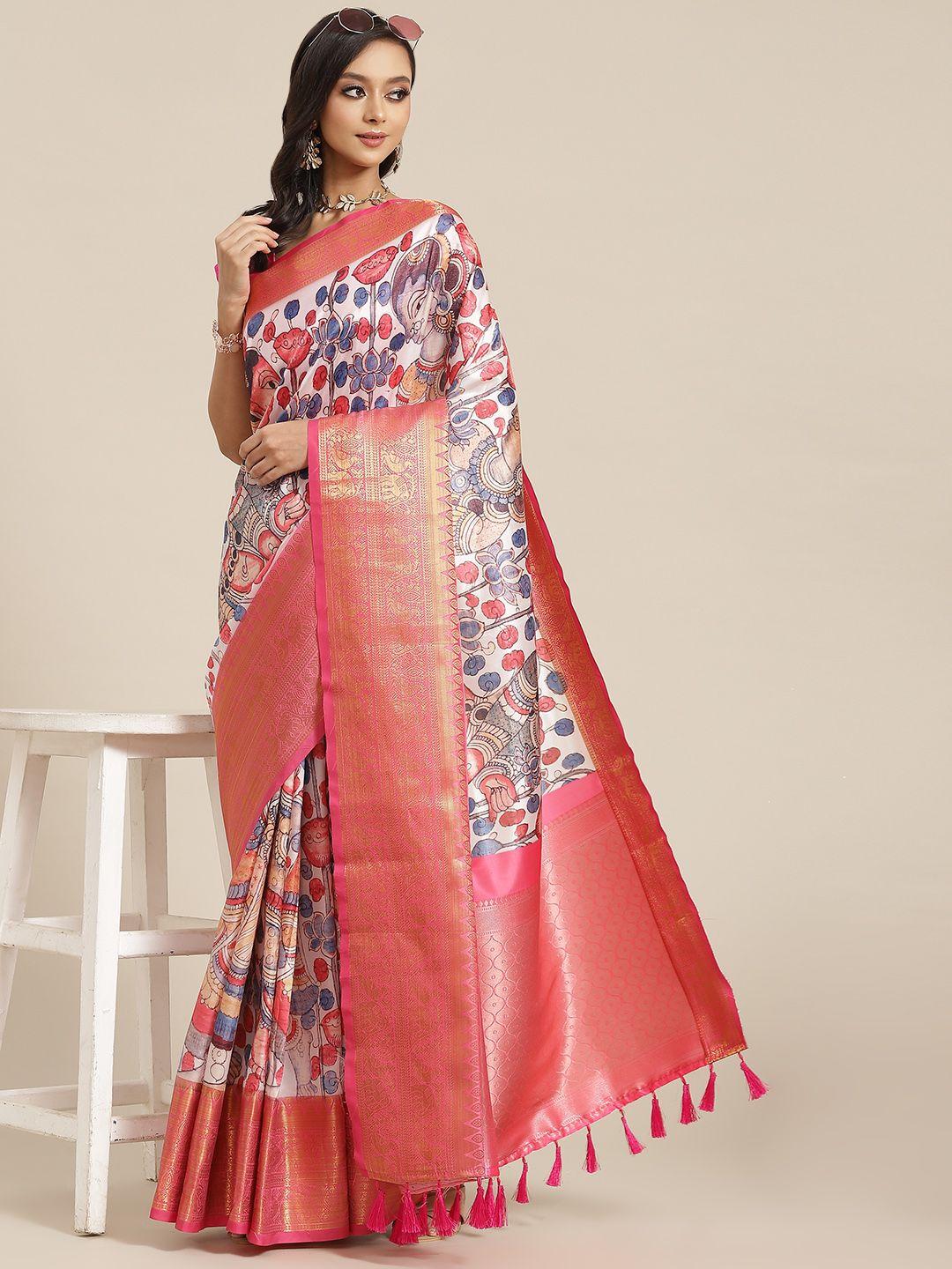 silk land white & peach-coloured floral zari art silk banarasi saree