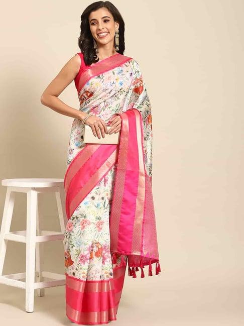 silk land white & pink silk floral print saree with unstitched blouse