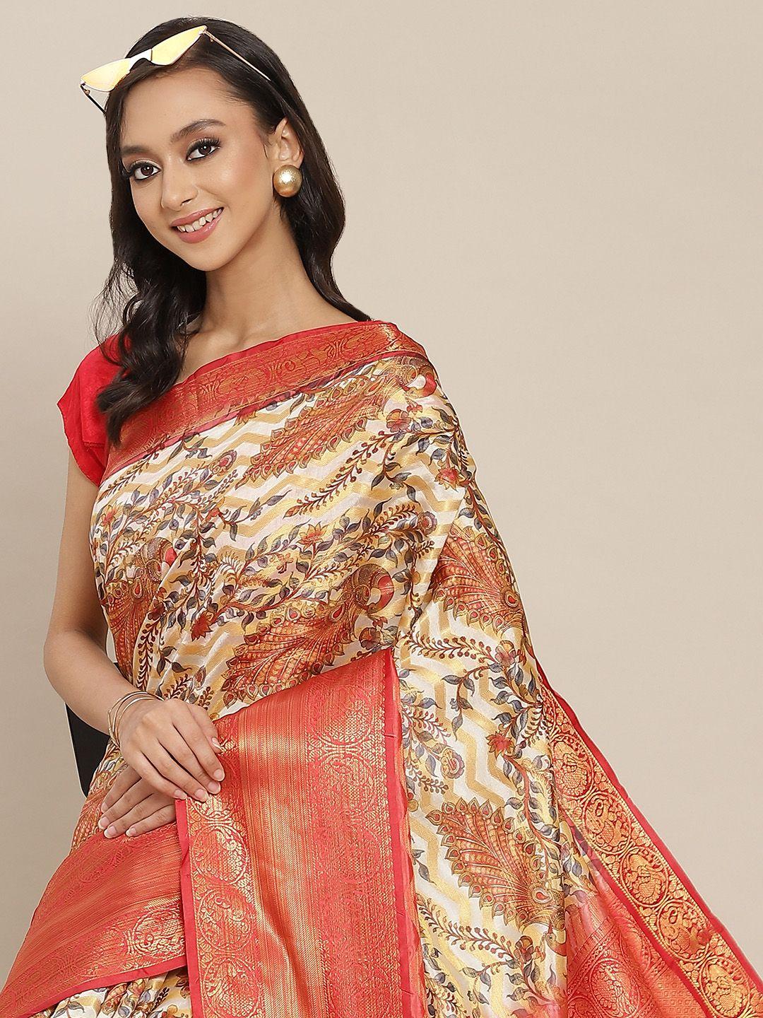 silk land white & red ethnic motifs zari art silk banarasi saree