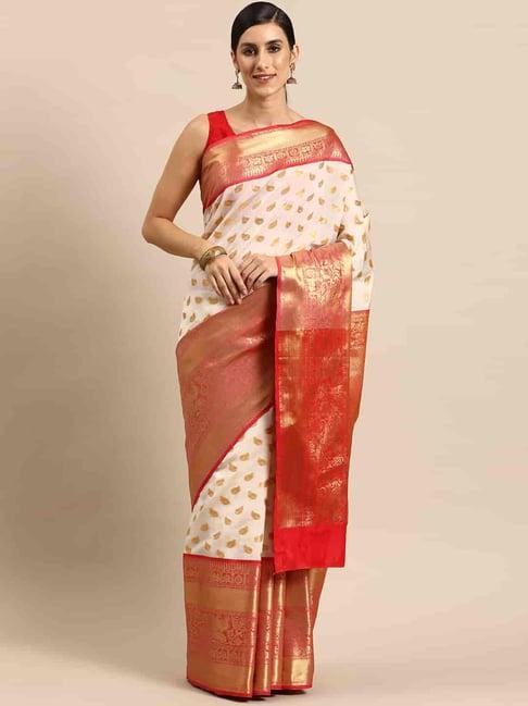 silk land white & red woven saree with unstitched blouse