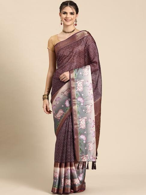 silk land wine silk printed saree with blouse