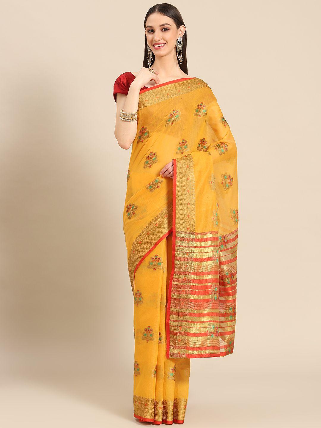 silk land women mustard & red floral zari pure cotton fusion saree