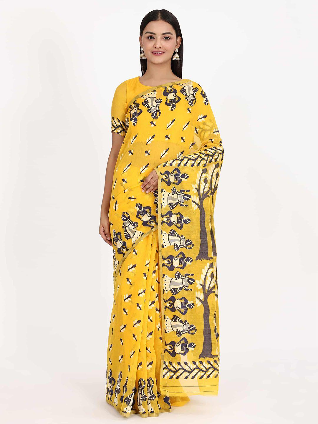 silk land yellow & blue pure cotton jamdani saree