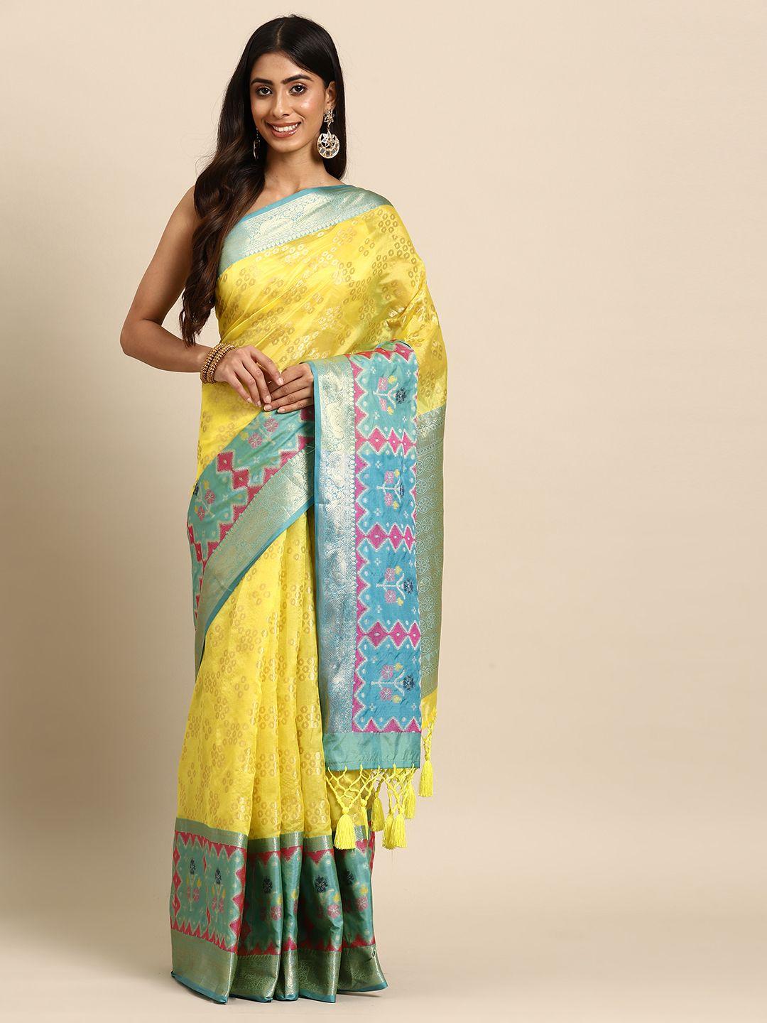 silk land yellow & blue zari silk blend banarasi saree