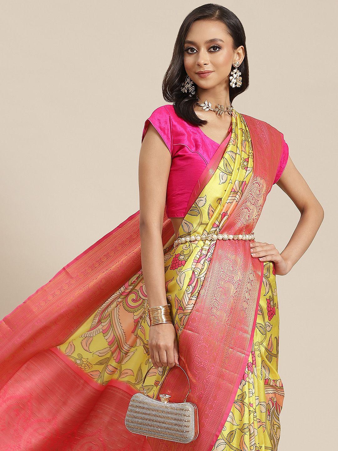 silk land yellow & pink ethnic motifs zari art silk banarasi saree