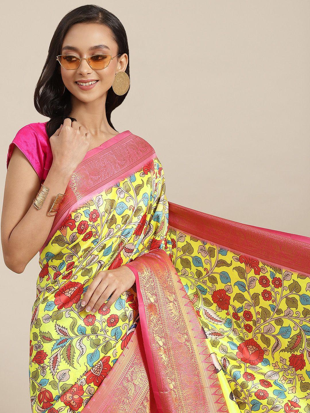 silk land yellow & pink ethnic motifs zari art silk banarasi saree