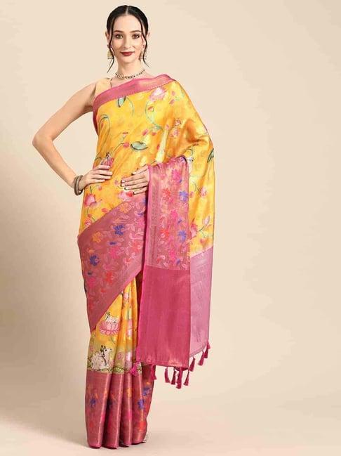 silk land yellow & pink silk printed saree with unstitched blouse