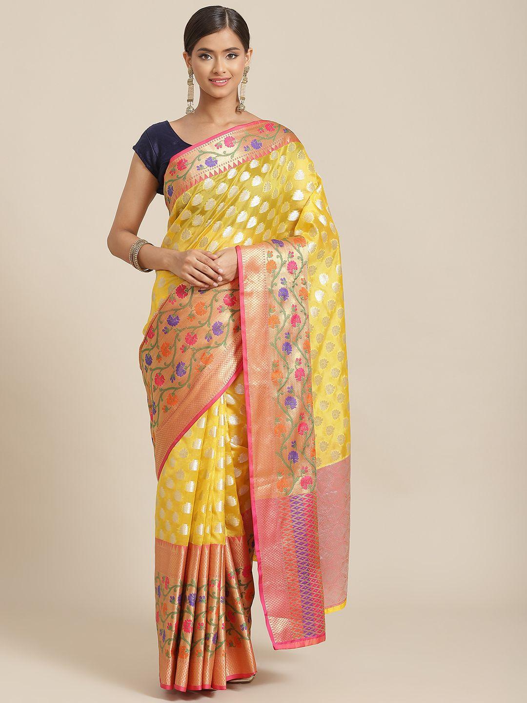 silk land yellow & red ethnic motifs zari silk blend banarasi saree