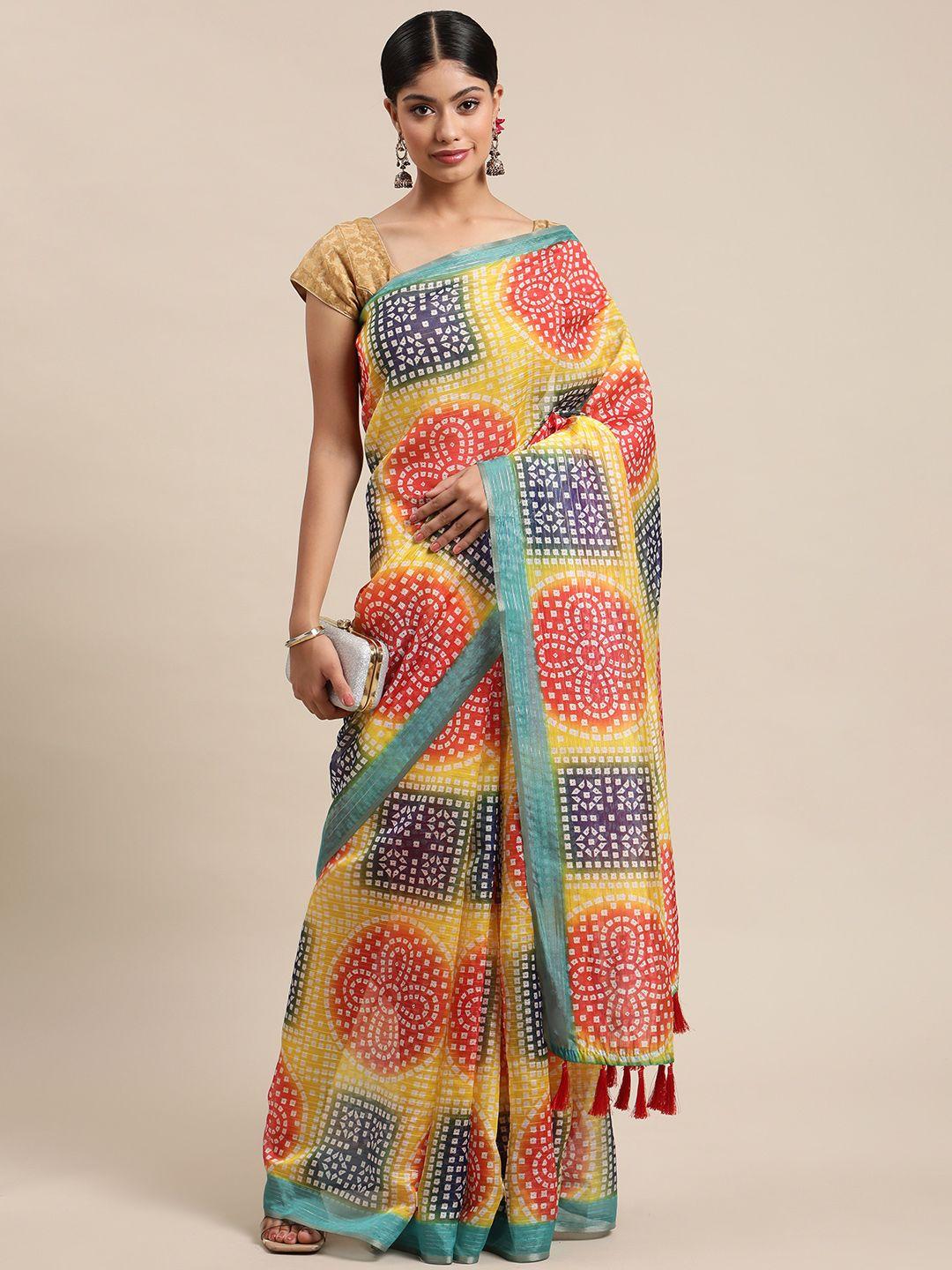 silk land yellow & teal bandhani zari art silk bandhani saree