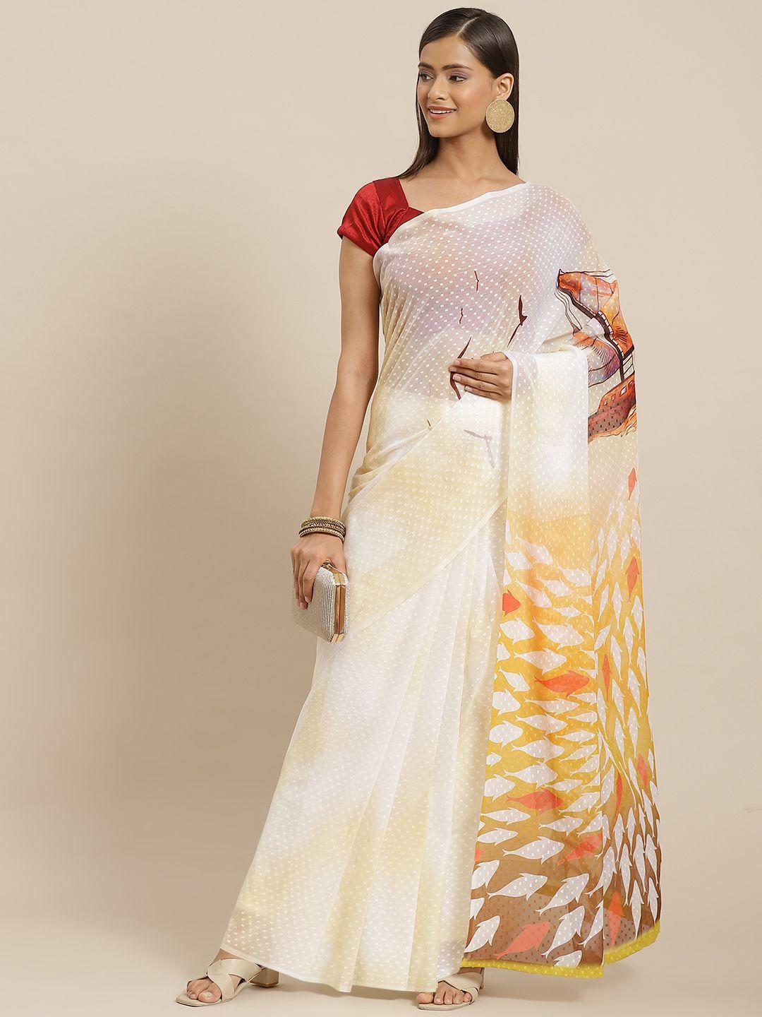 silk land yellow & white printed poly chiffon saree