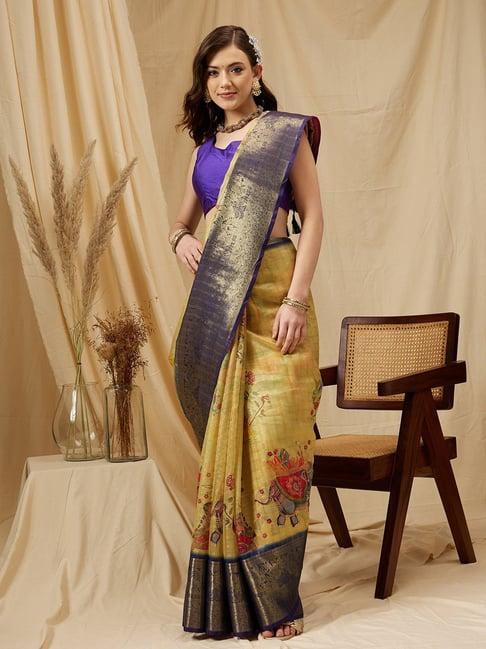 silk land yellow floral print saree with blouse