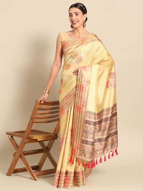 silk land yellow silk printed saree with unstitched blouse