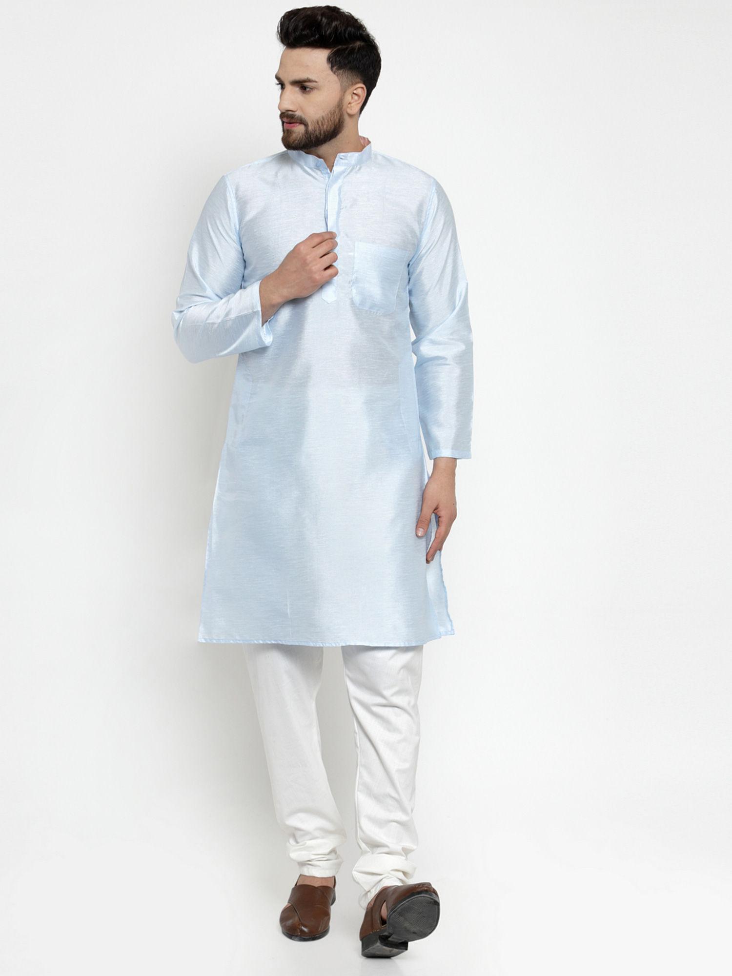 silk long kurta with pyjama set for men light blue (pack of 2)