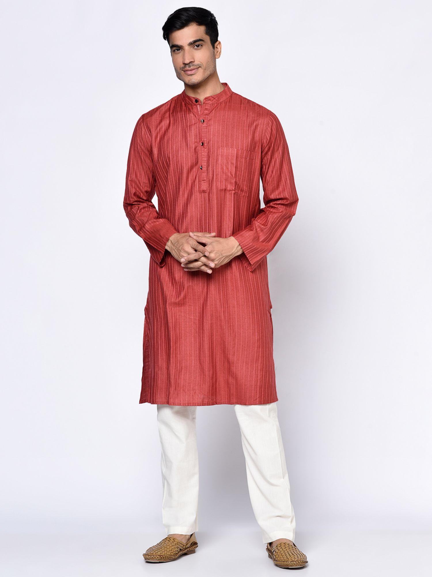 silk maroon striped men kurta