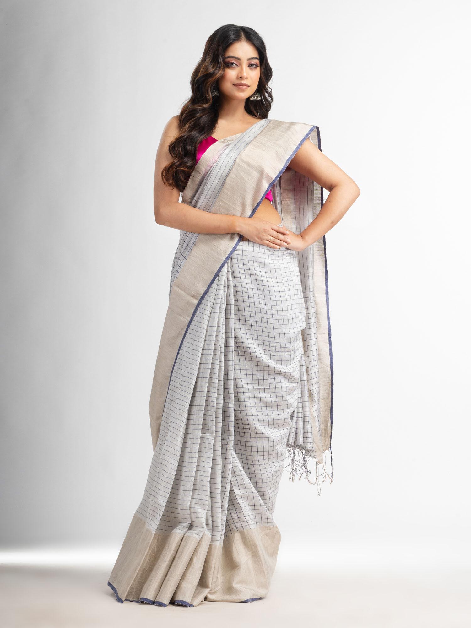 silk matka check silver zari border handwoven saree with unstitched blouse