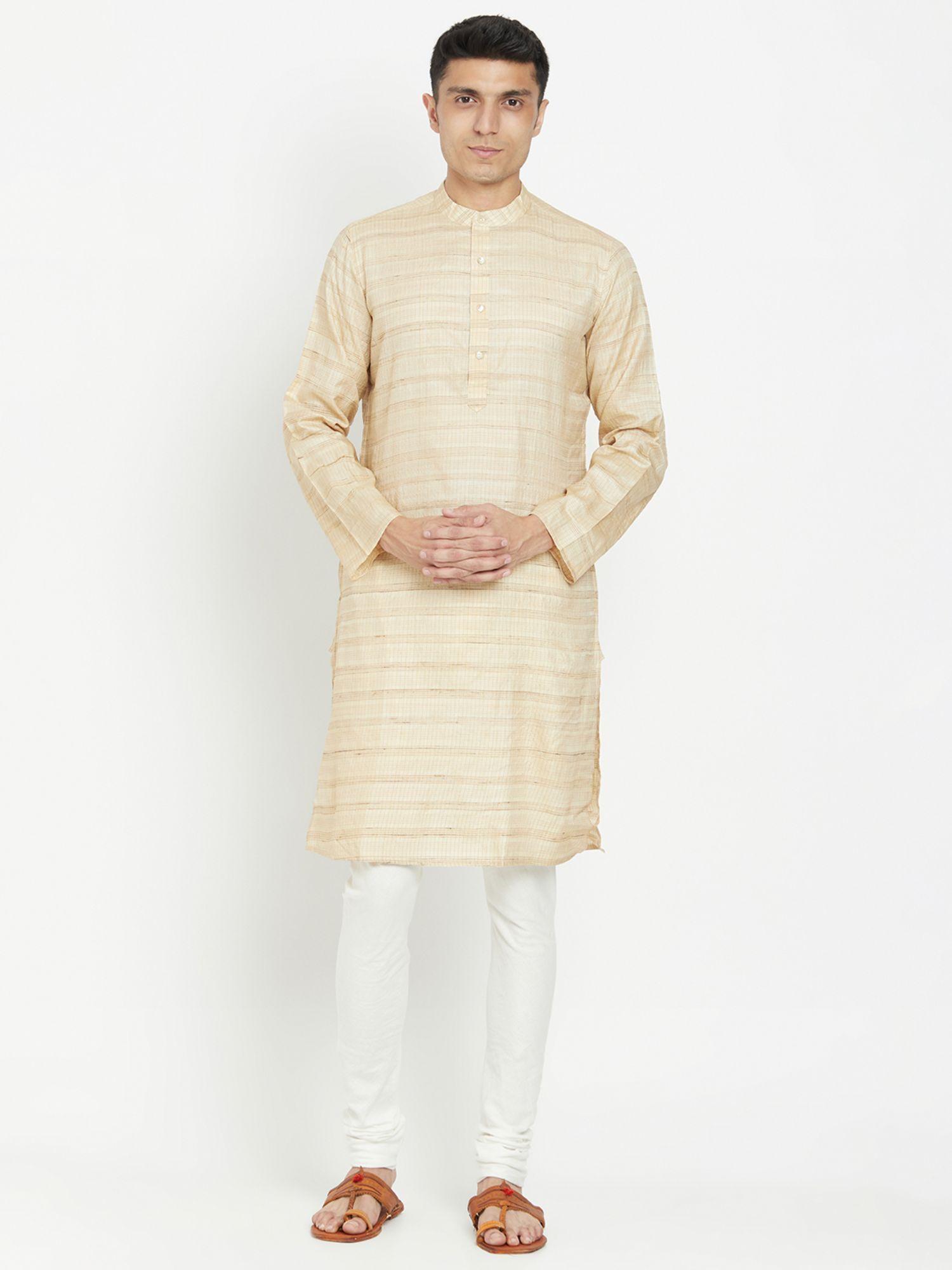 silk off white checked men kurta