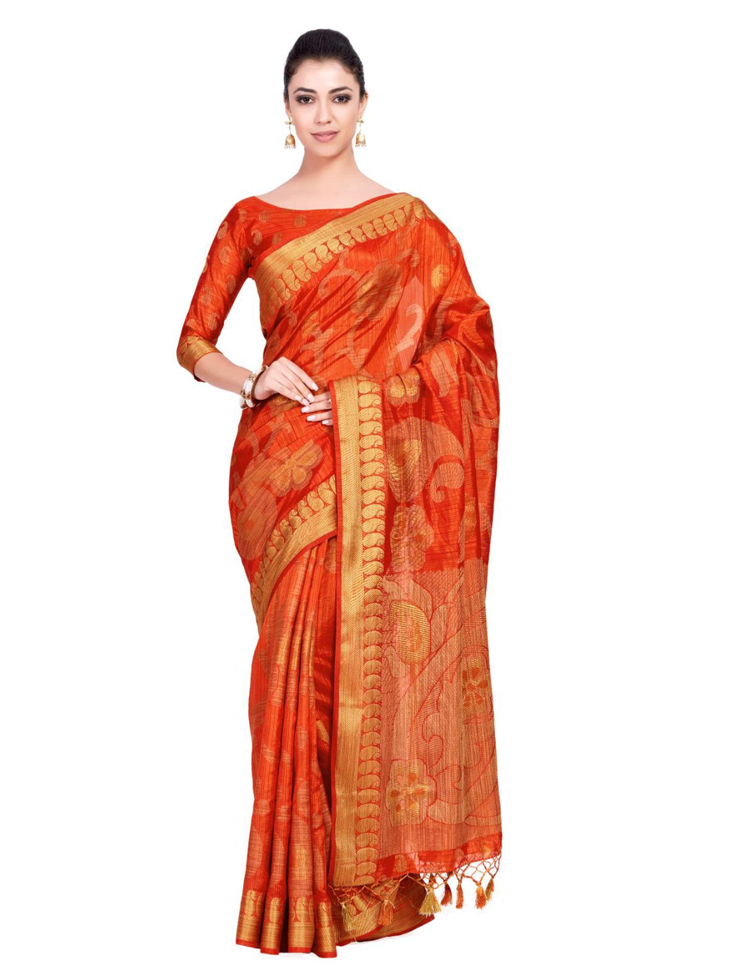 silk orange saree with blouse piece