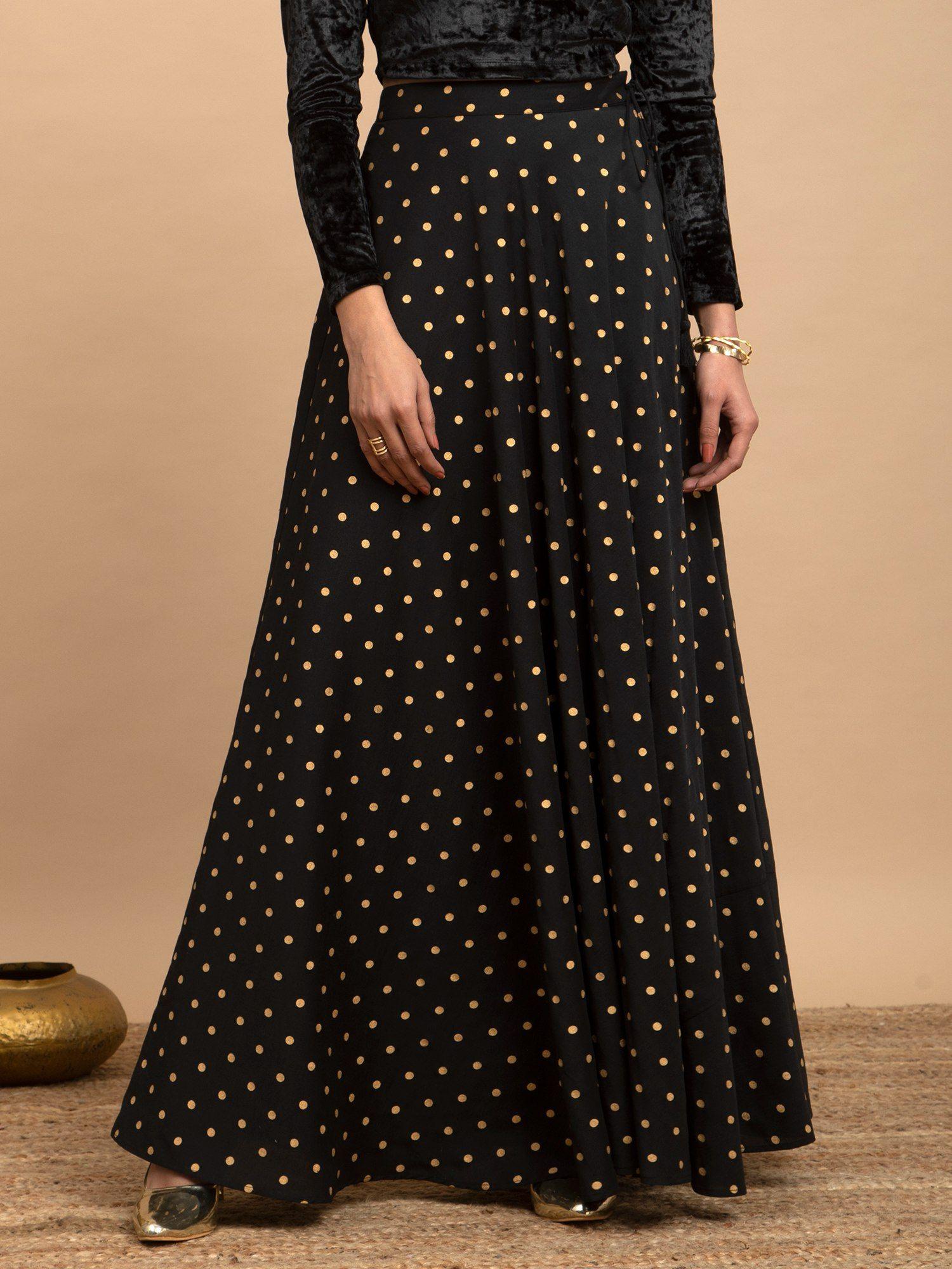 silk polka dots flared skirt-black