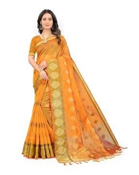 silk printed saree with tassels & blouse piece