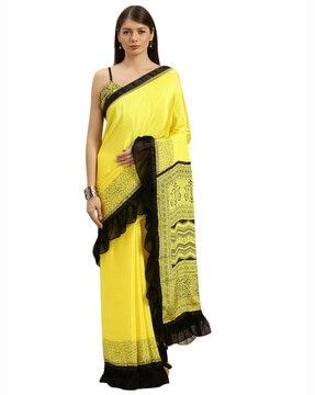 silk satin polka-dot print ruffle border saree