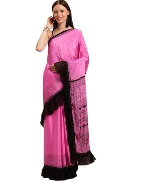 silk satin polka-dot print ruffle border saree