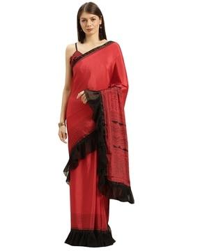 silk satin polka-dot print ruffle border saree