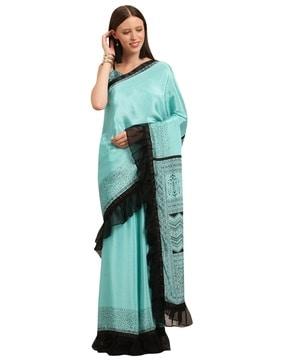 silk satin polka-dot print ruffle border saree