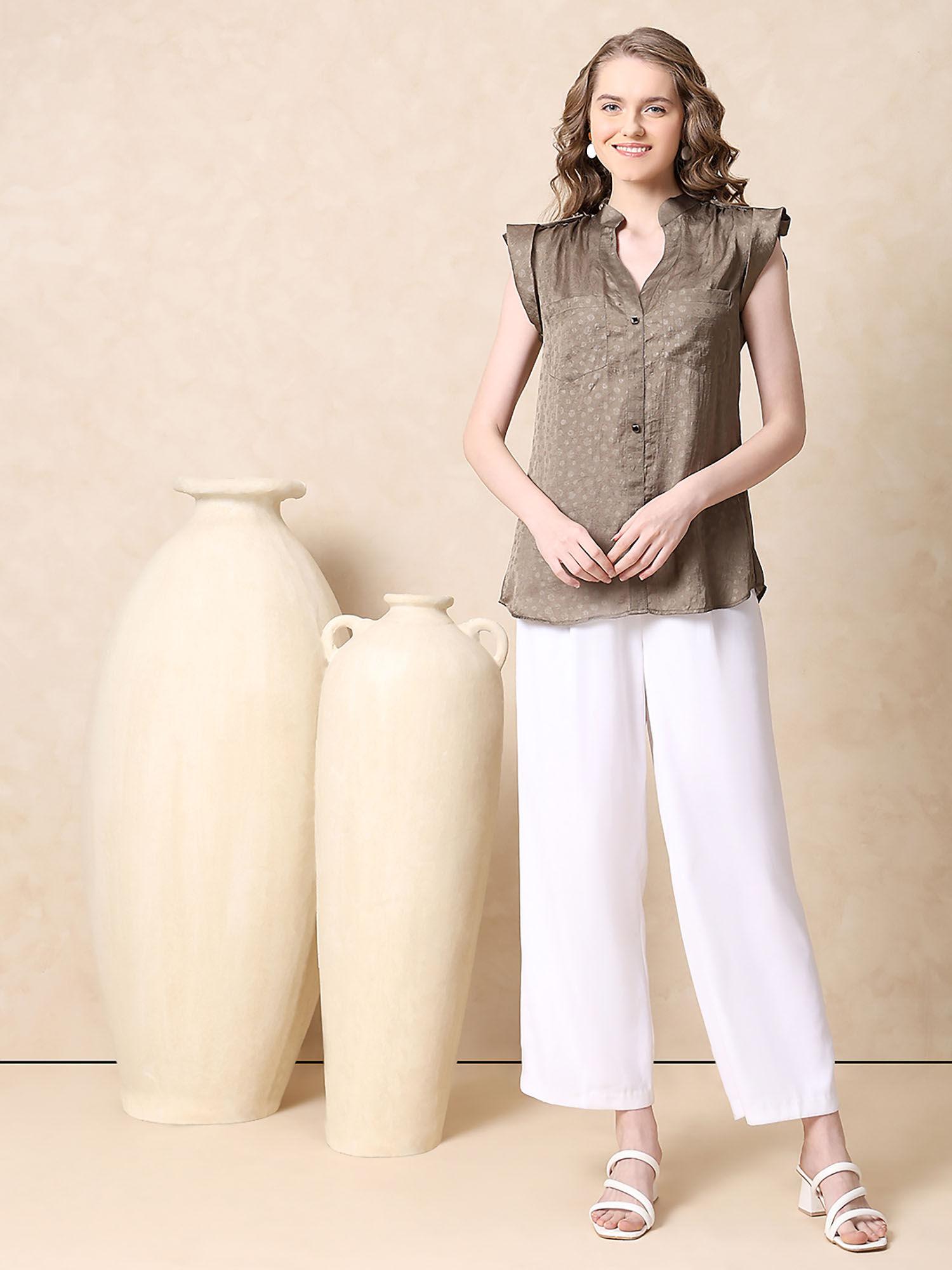 silk solid self-design top - olive