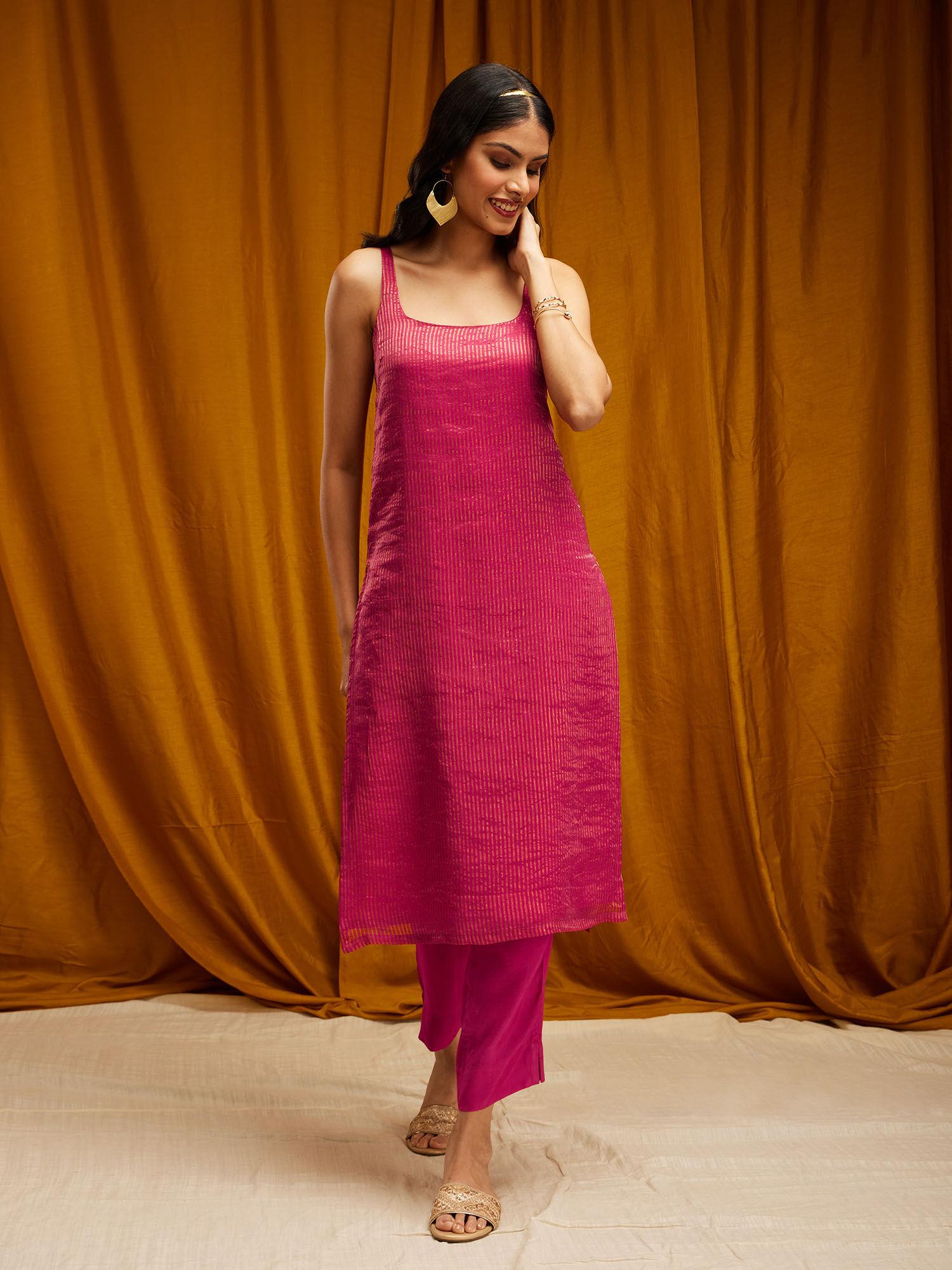 silk striped sleeveless kurta pink